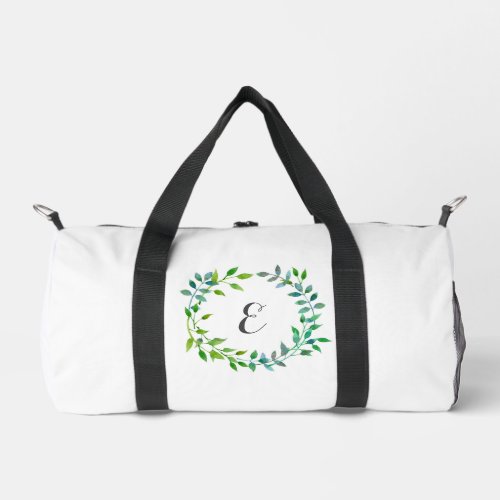 Watercolor Green Leaf Wreath  Monogram Duffle Bag
