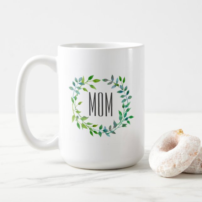 Watercolor Green Leaf Wreath | Mother's Day Coffee Mug (With Donut)