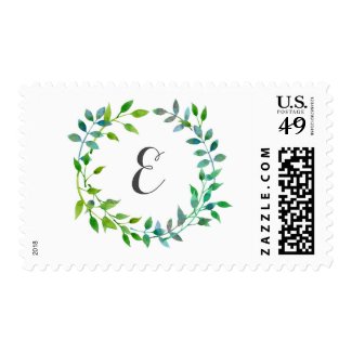 Watercolor Green Leaf Wreath Postage Stamps at UniqueRusticWeddingInvitations.com