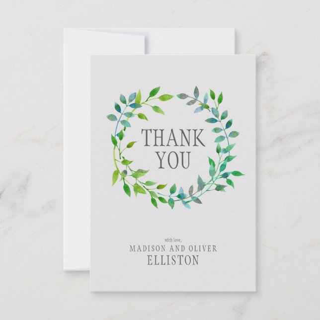 Watercolor Green Leaf Wreath | Thank You (Front)