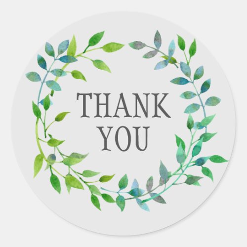 Watercolor Green Leaf Wreath  Thank You Classic Round Sticker