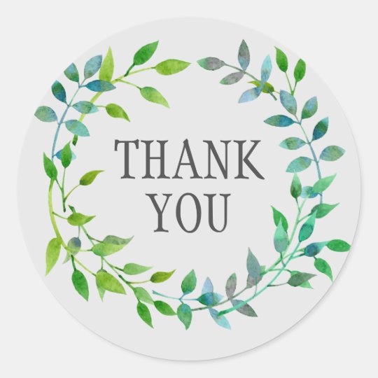 Watercolor Green Leaf Wreath | Thank You Classic Round Sticker | Zazzle.com