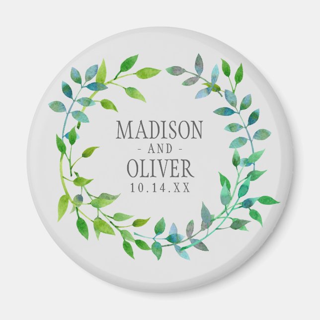 Watercolor Green Leaf Wreath | Wedding Magnet (Front)