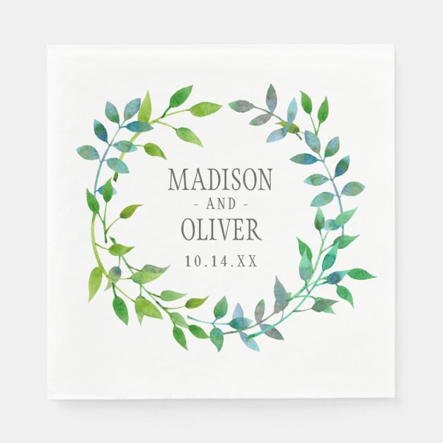 Watercolor Green Leaf Wreath | Wedding Paper Napkin