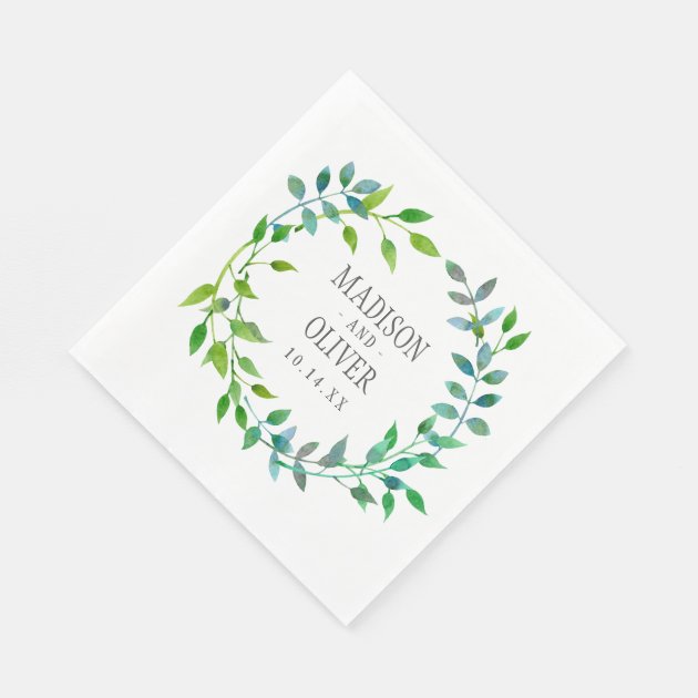 Watercolor Green Leaf Wreath | Wedding Paper Napkin