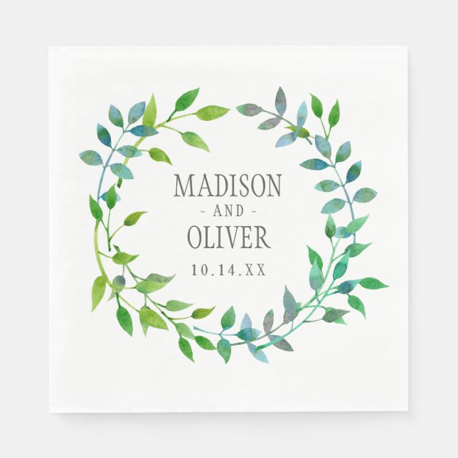 Watercolor Green Leaf Wreath | Wedding Paper Napkins (Front)