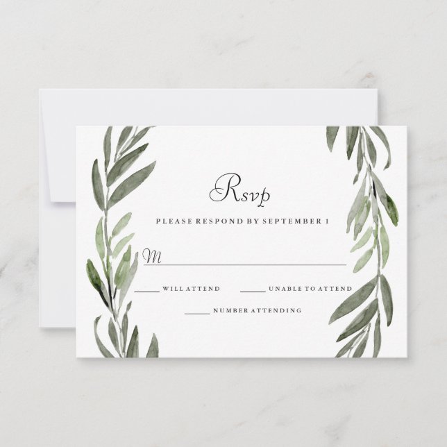 Watercolor Green Leaf Wreath Wedding RSVP Card (Front)