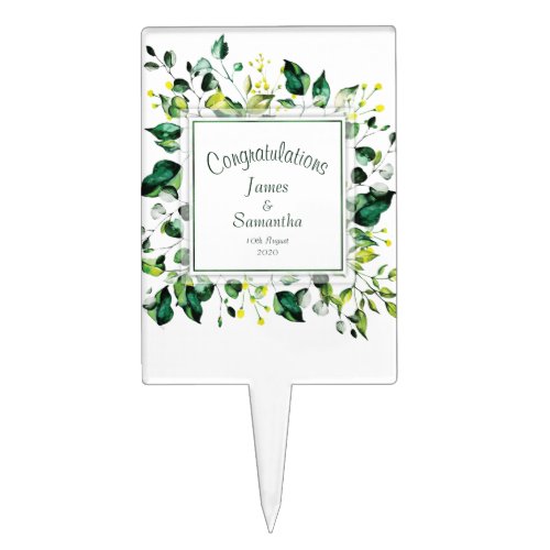 Watercolor Green Leaf  Yellow Flower  Wedding Cake Topper