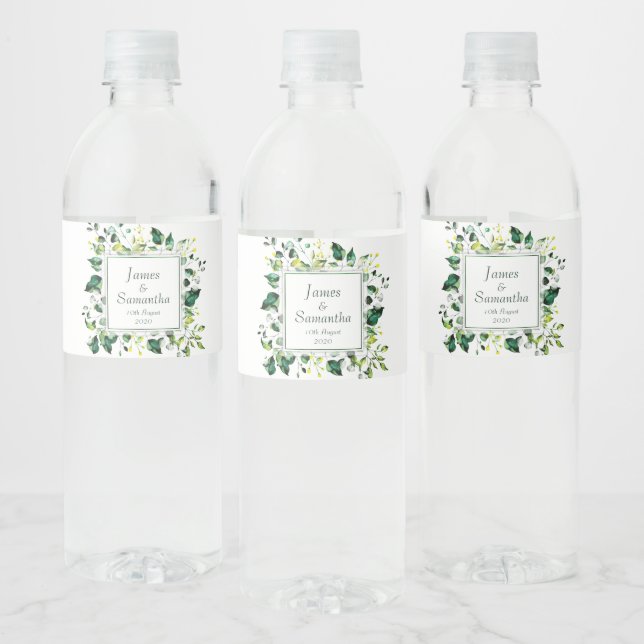 Watercolor Green Leaf & Yellow Flower | Wedding Water Bottle Label (Bottles)