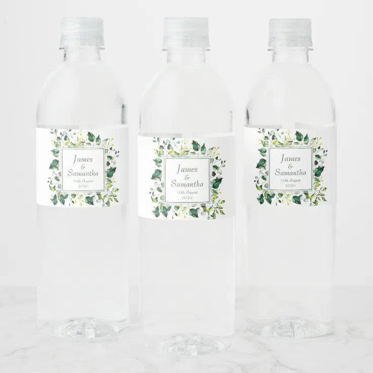 Watercolor Green Leaf & Yellow Flower | Wedding Water Bottle Label | Zazzle