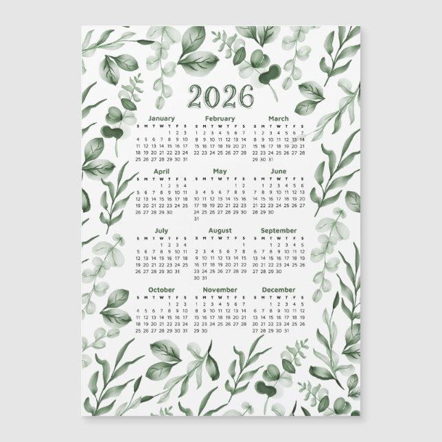 Watercolor Green Leaves 2026 Calendar  (Front)