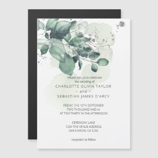 Watercolor green leaves botanical bouquet wedding magnetic invitation