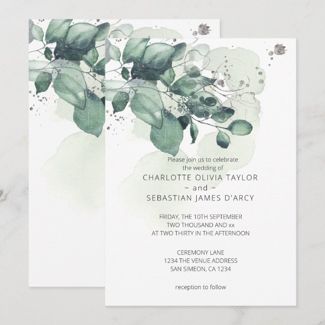 Watercolor Green Leaves Botanical Wedding Invitation (Front/Back)