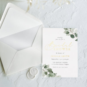 Watercolor Green Leaves Bridal Shower Gold Foil Invitation