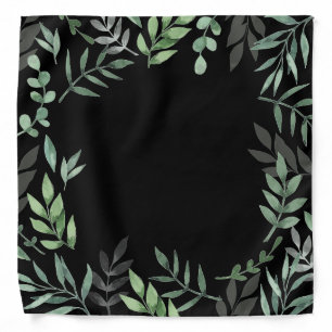 Watercolor green leaves on black bandana