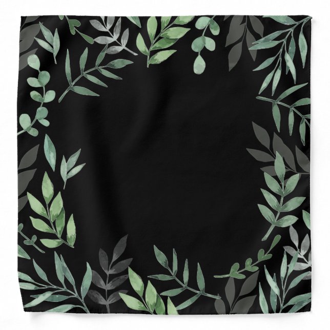Watercolor green leaves on black bandana (Front)