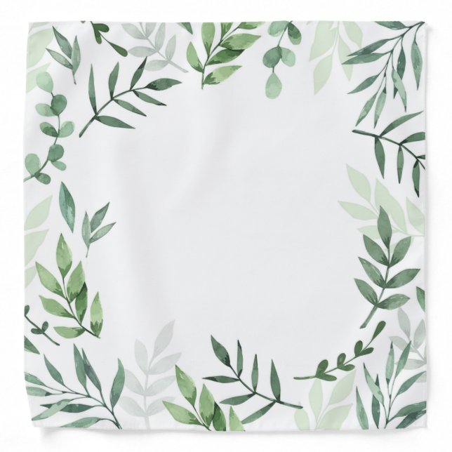Watercolor green leaves on white bandana (Front)