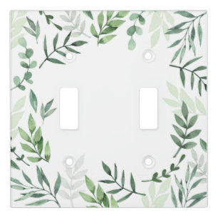 Watercolor green leaves on white light switch cover