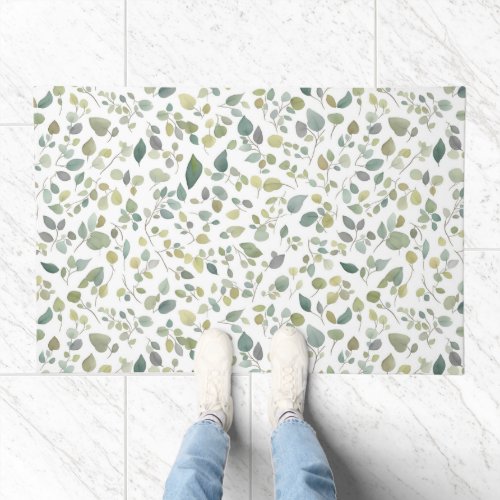 Watercolor Green Leaves Pattern Doormat