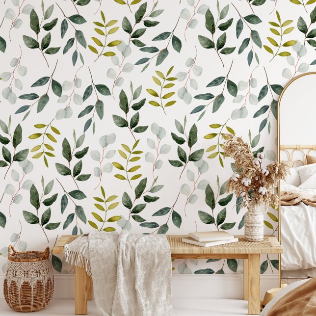 Watercolor Green Leaves Pattern Wallpaper (In situ)
