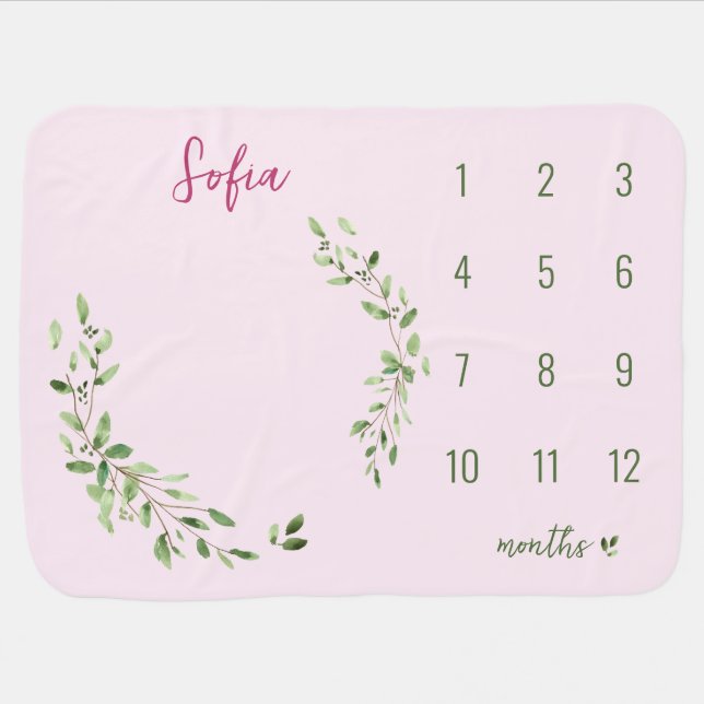 Watercolor Green Leaves Pink Baby girl milestone  Baby Blanket (Horizontal)