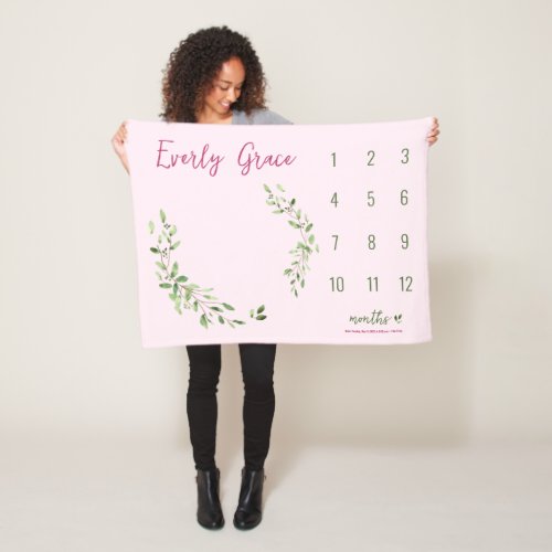 Watercolor Green Leaves Pink Baby girl milestone  Fleece Blanket