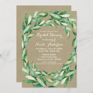 Watercolor Green Leaves Rustic Kraft Bridal Shower Invitation