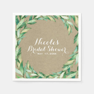 Watercolor Green Leaves Rustic Kraft Wedding Paper Napkins