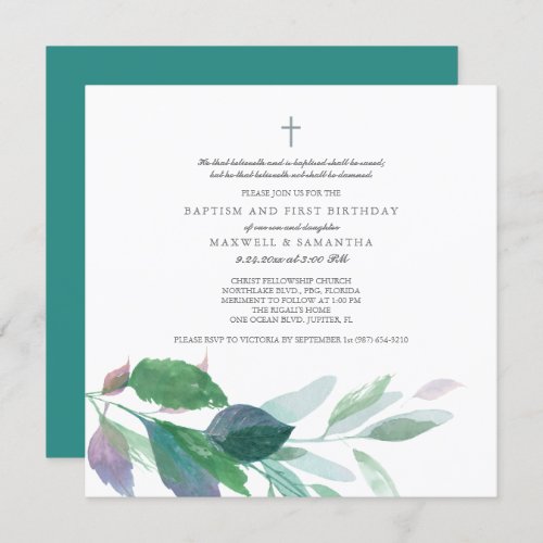 Watercolor Green Leaves Twins Baptism Invitation