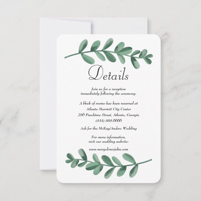 Watercolor Green Leaves Wedding Details Enclosure  Announcement (Front)