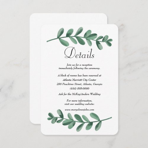 Watercolor Green Leaves Wedding Details Enclosure  Announcement