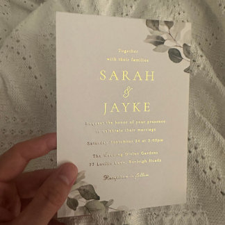Watercolor Green Leaves Wedding Gold Foil Invitation