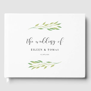 Watercolor green leaves wedding guest book