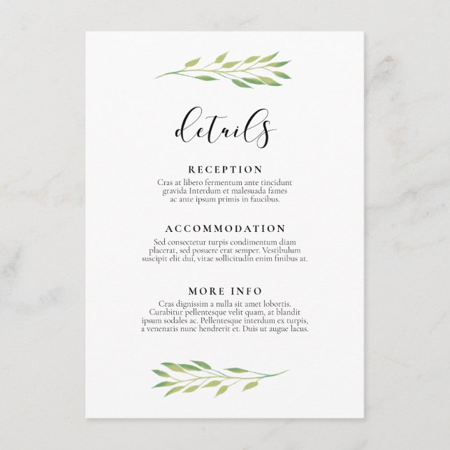 Watercolor green leaves wedding guest information enclosure card (Front)