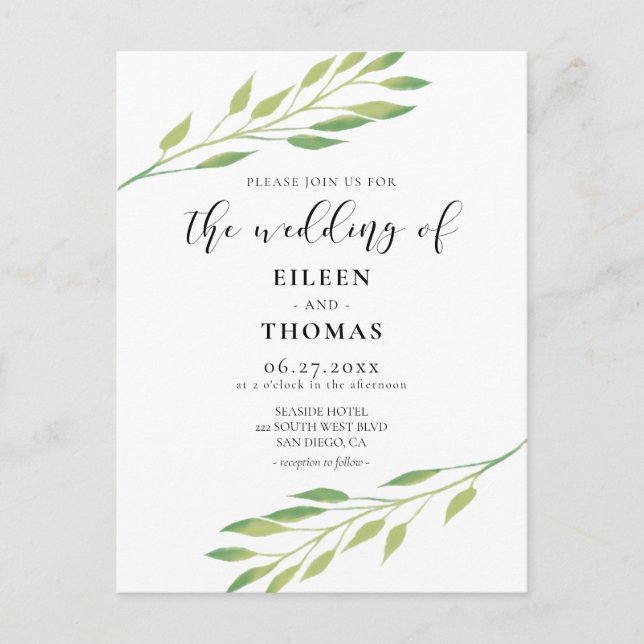 Watercolor green leaves wedding invitation postcard (Front)