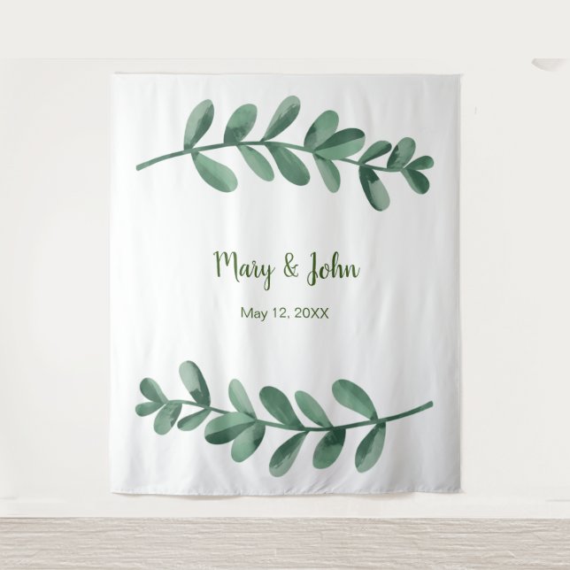 Watercolor Green Leaves Wedding Photo Backdrop (Front)