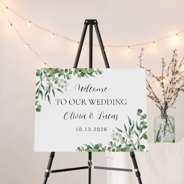 Watercolor Green Leaves Wedding Welcome Party Foam Board (In Situ (Stand))