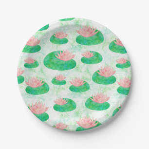 Watercolor Green Lily Pad Pink Lotus Floral Paper Plates