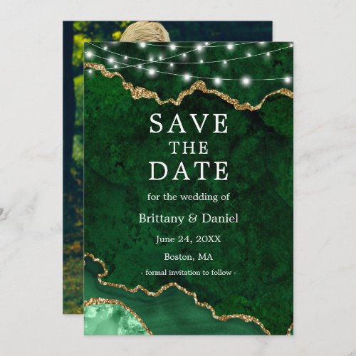 Watercolor Green Marble Agate Geode Lights Photo Save The Date