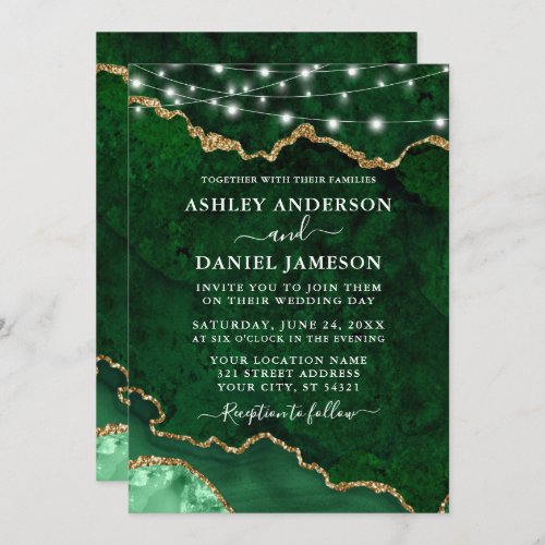 Watercolor Green Marble Agate Geode Lights Wedding Invitation