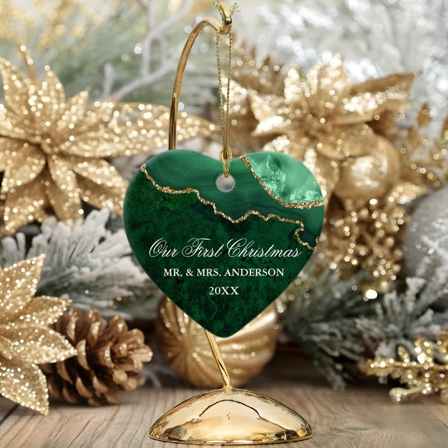 Watercolor Green Marble Agate Geode Wedding Heart Ceramic Ornament (Customize to change text size, text style or to add more text to back.)