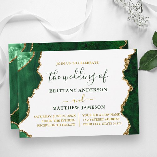 Watercolor Green Marble and Gold Wedding Invitation