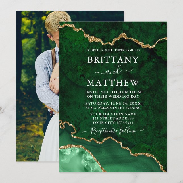 Watercolor Green Marble Geode Agate Photo Wedding Invitation (Front/Back)