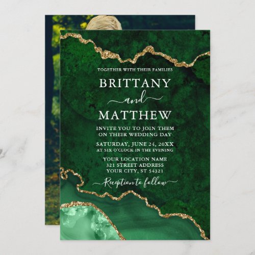 Watercolor Green Marble Geode Agate Photo Wedding Invitation