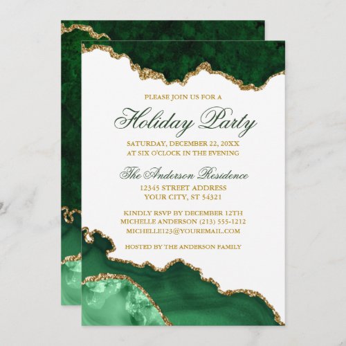 Watercolor Green Marble Geode Gold Holiday Party Invitation