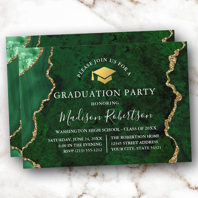 Watercolor Green Marble Gold Cap Grad Party Invitation (Customize to add text or a photo to back of card.)