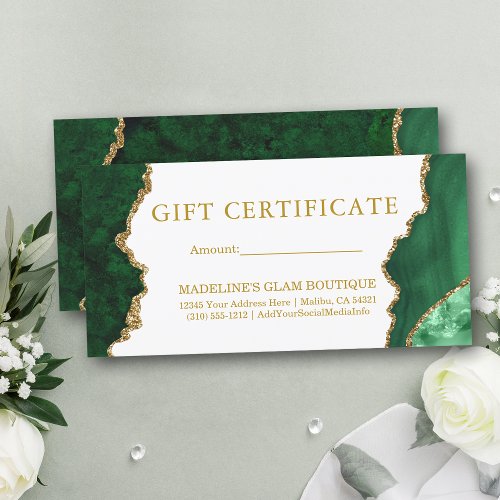 Watercolor Green Marble Gold Gift Certificate