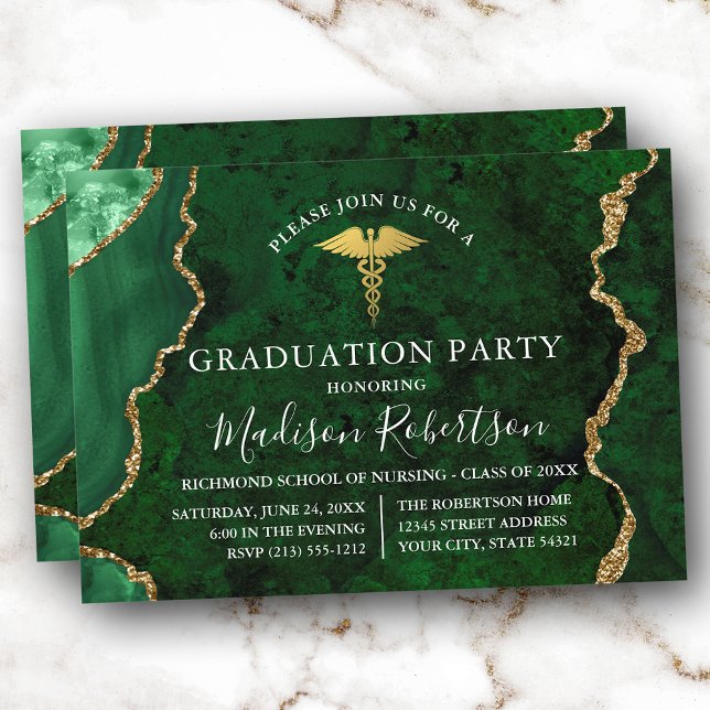 Watercolor Green Marble Gold Medical Grad Party Invitation (Customize to add text or a photo to back of card.)