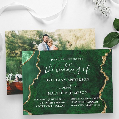 Watercolor Green Marble Gold Photo Wedding Invitation