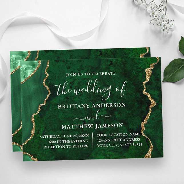 Watercolor Green Marble Gold Wedding Invitation (Customize to change text size, text style or to add more text to back of card.)